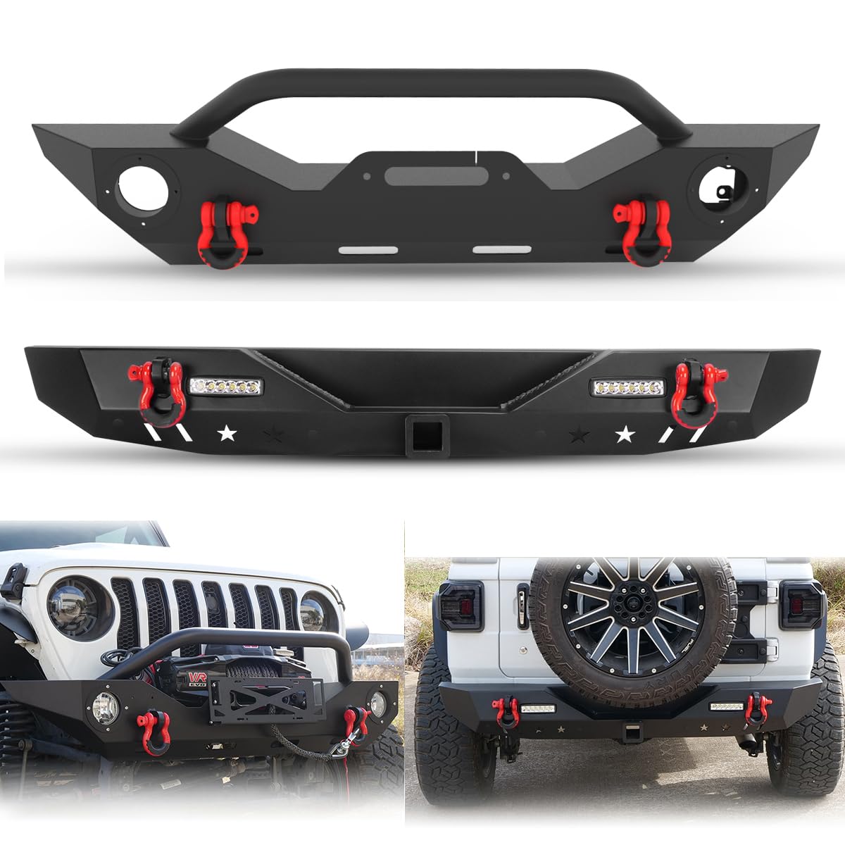 Wolfx Front And Rear Bumpers For 2018 2019 2020 2021 2022 2023 2024 Jeep Wrangler Jl Heavy Duty Steel Offroad Bumper Front + Rear Combo With D-Rings With Winch Plate